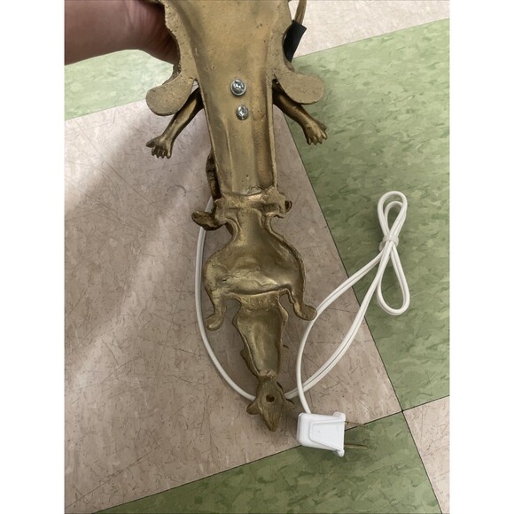 Vintage Heavy Bronze Cherub Angel Wall Sconce Light Hollywood Regency Lamp - Picture 10 of 14